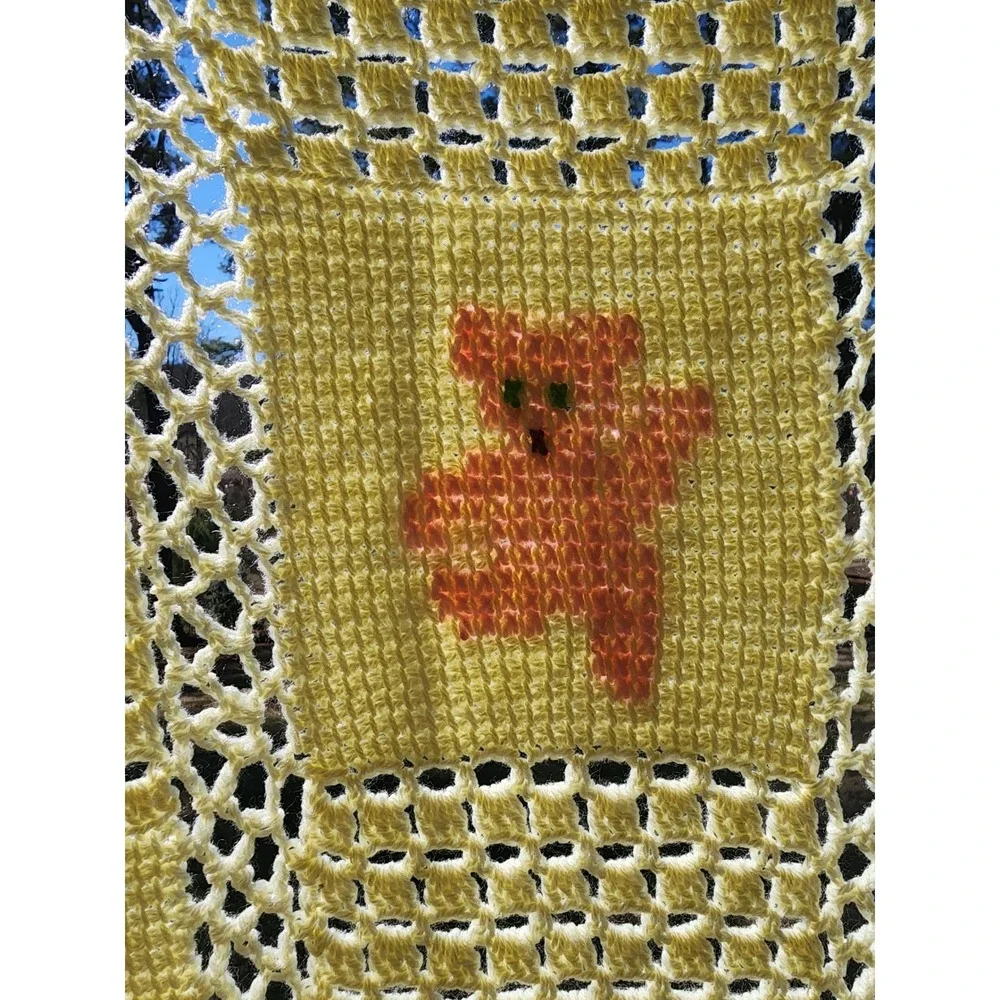 Vintage Handmade Crochet Baby Blanket Yellow Animal Cross Stitch Afghan Nursery